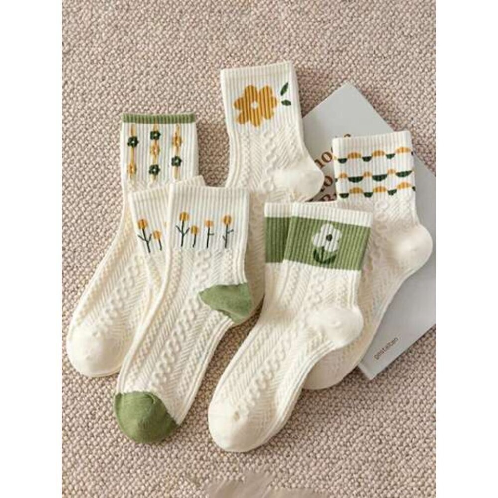 5pairs/set Women's Creative Floral Print Mid-calf Socks In Green Tones